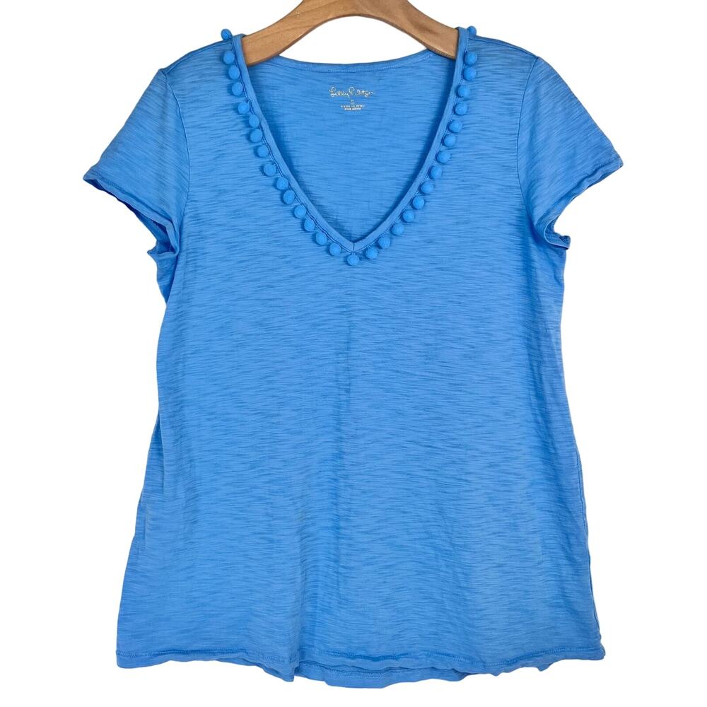 Lilly Pulitzer Blue T-Shirt Top Sz S Coastal Classic Beachy Pom-Pom Trim Pima
